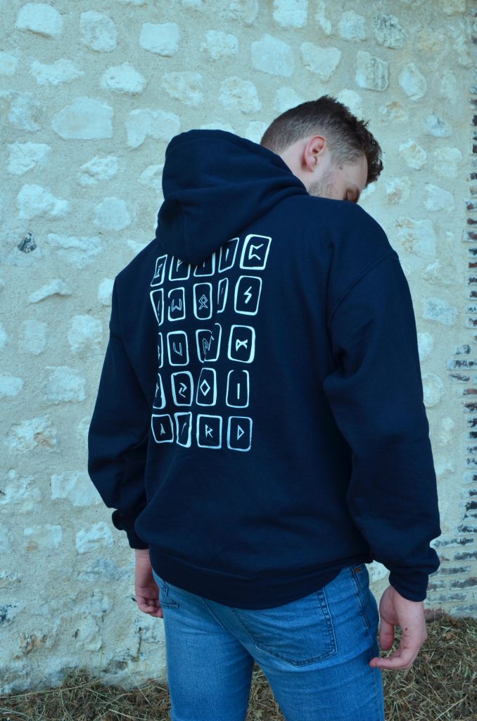 Hoodie bleu navi motif rune blanc dos